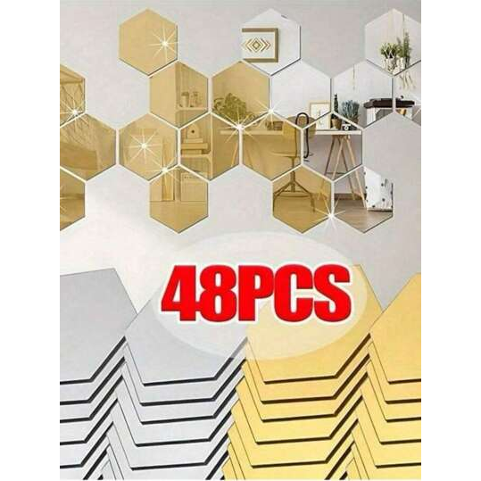 48 Peças Adesivos de Espelho Acrílico Hexagonal, Espelhos Decorativos Removíveis, Ornamentos Artísticos em Forma Hexagonal para Decoração de Parede da Casa, Decoração de Quarto, Espelho de Parede, Espelho para Quarto, Decoração de Banheiro, Decoração de S