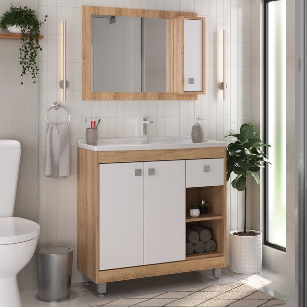Armário Conjunto de Banheiro com Gabinete, Cuba e Espelheira 3 Portas Viena 80 cm Castanho Argel/Branco