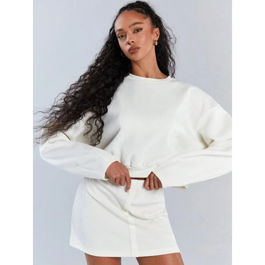 Athîral 2 Peças Conjunto de Esportes Feminino com Moletom de Gola Redonda de Manga Longa em Cor Sólida e Minimalista, e Saia Casual