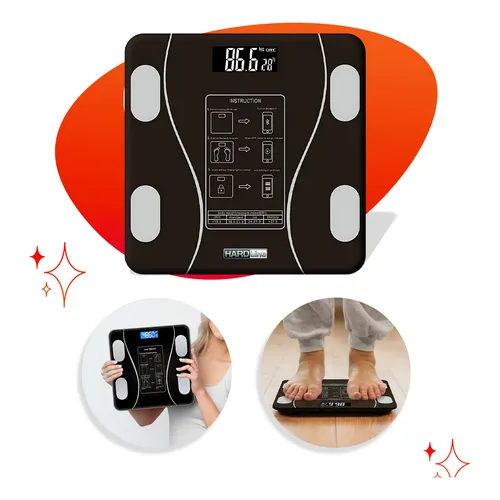 Balança Digital Bioimpedância Bluetooth Corporal IMC Gordura Massa Muscular Água Aparelho Alta Capacidade App Android iOS Cor Preto Balança de Banheiro Academia Vidro Alta Precisão Hardline