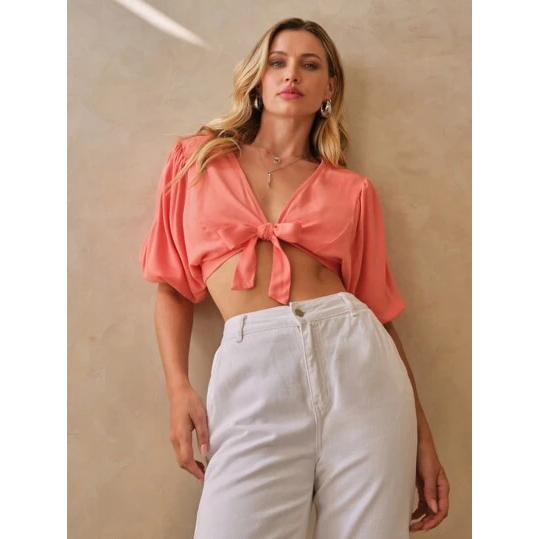 Blusa Shein Feminina De Manga Curta Com Decote Em V E Amarração