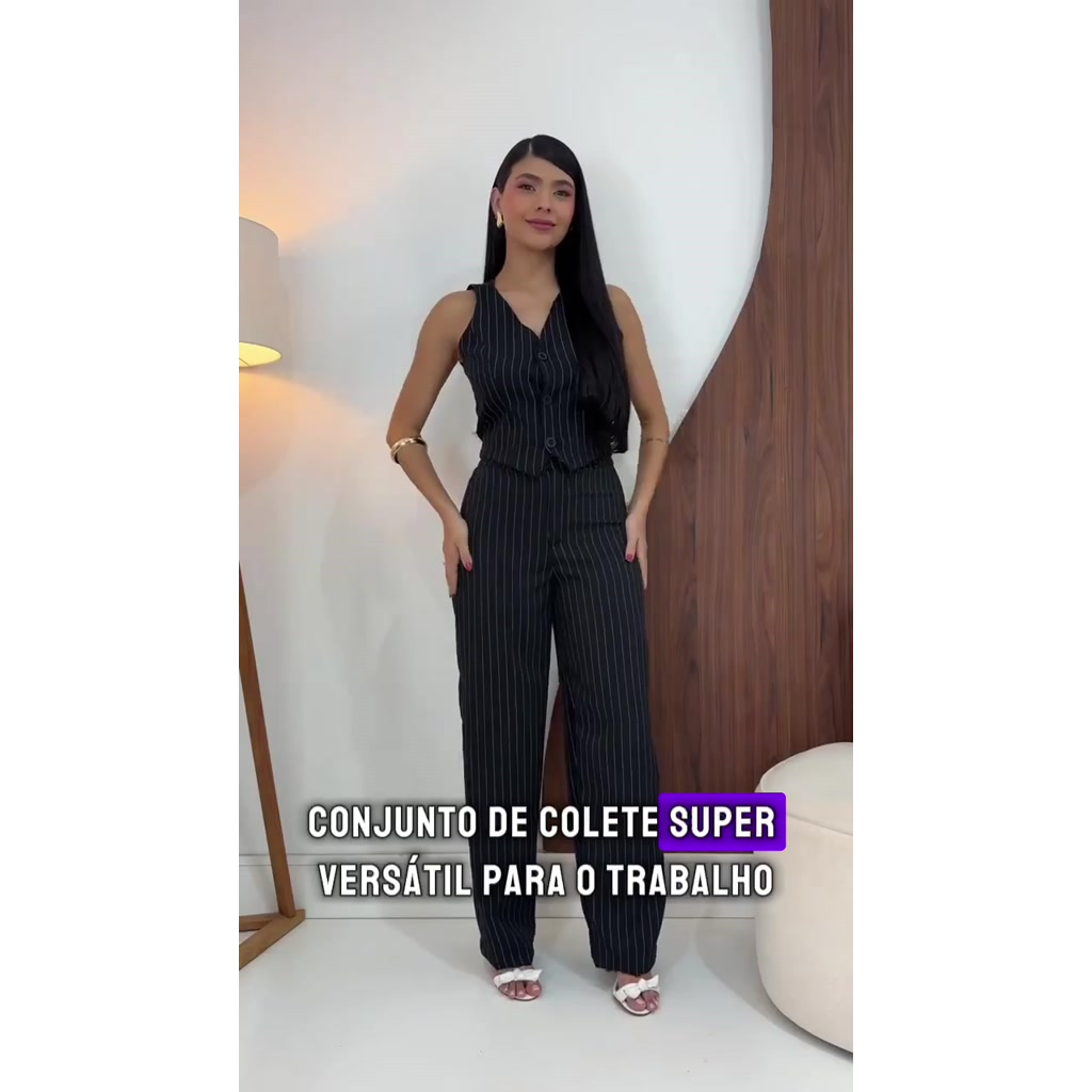 CONJUNTO ALFAIATARIA FEMINIMO COM CALÇA E COLETE RISCA DE GIZ ELEGANTE SOCIAL