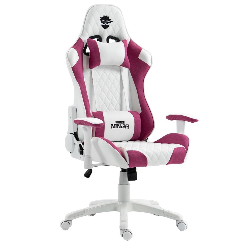 Cadeira Gamer Ninja Kitsune, Reclinável, 2D, Tecido, Branco e Rosa, GN-CH-KTR2DWPF