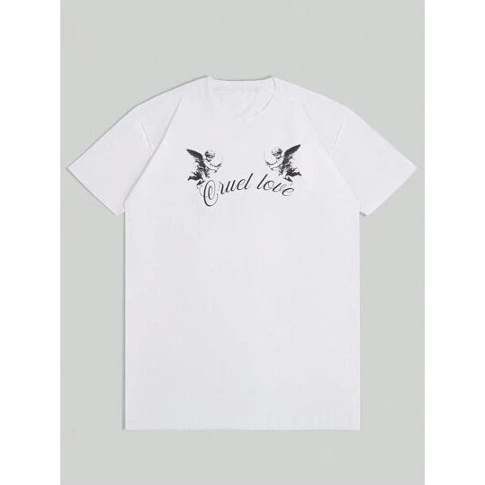 Camiseta Casual Masculina com Estampa de Letra de Anjo de Manga Curta