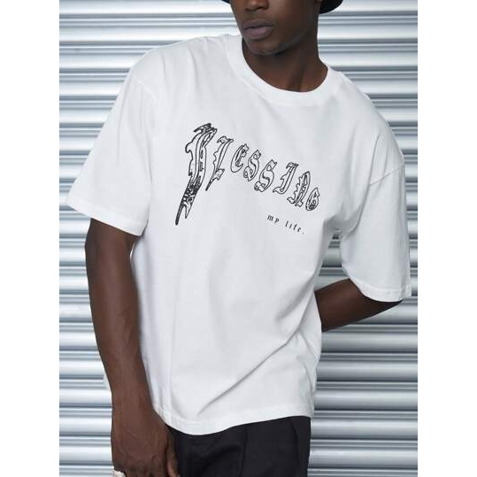 Camisetas Masculinas Casuais de Manga Curta com Gola Redonda e Estampa de Letras
