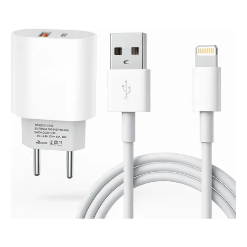 Carregador Turbo 40w Super Rápido Compatível Com iPhone 8 X Xr 11 12 13 14 Pro Max Fonte Com Entradas Usb E Tipo-c