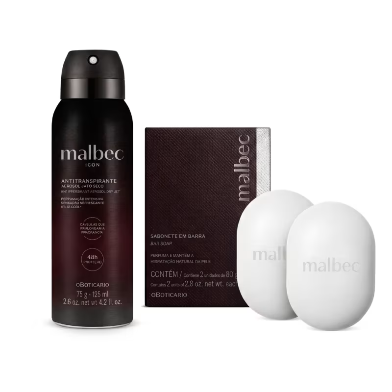 Combo Malbec: Sabonete em Barra 2x80g + Antitranspirante Aerossol Malbec Icon 125ml