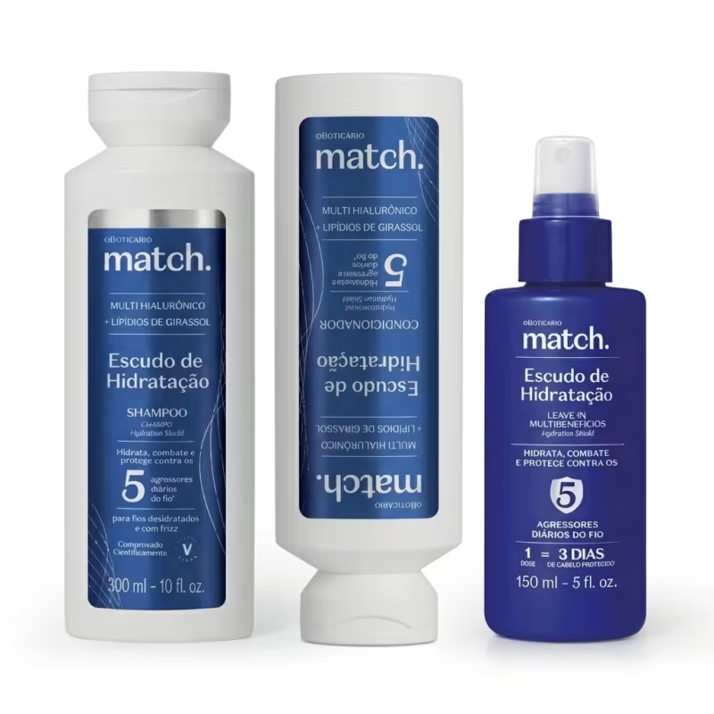 Combo Match Escudo de Hidratação: Shampoo 300ml + Condicionador 280ml + Leave-In Multibenefícios 100ml