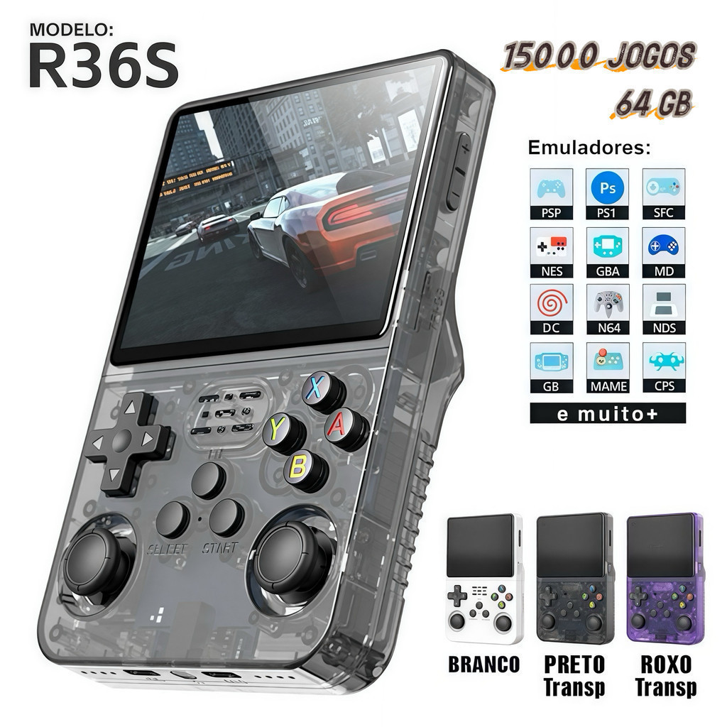 Console Portátil R36S + de 15.000 Jogos Vídeo Game 64g Linux Tela IPS 3.5 Polegadas  SU