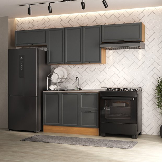 Cozinha Compacta 4 Peças 3 Aéreos 1 Balcão Soho CabeCasa MadeiraOriginals Freijó/Grafite