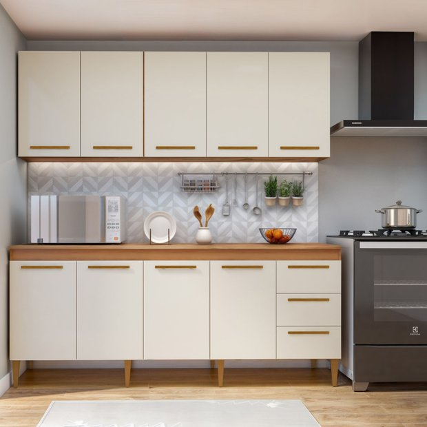 Cozinha Completa 9 Portas e 3 Gavetas Atenas  Nature/Off White