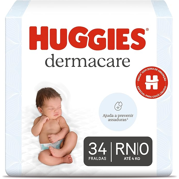 Fralda Huggies Dermacare Tamanho RN - 34 Fraldas Descartáveis com Tecnologia Avançada para Pele Sensível, Absorção Rápida e Proteção contra Assaduras por até 12 Horas.