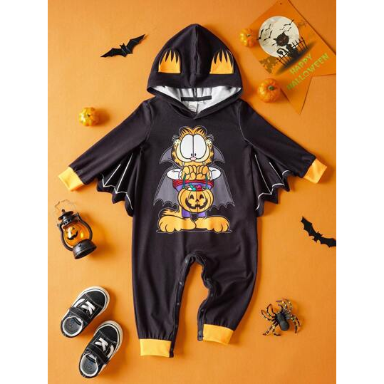 GARFIELD | SHEIN Macacão de Manga Longa com Estampa Cartoon de Halloween para Bebê Menino, Preto