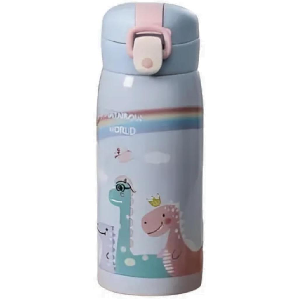 Garrafa Térmica Garrafinha Térmica Infantil Inox Canudo Trava 350 ml - Desenho dinossauro Coelho Carneiro Panda - TYDA (DINO AZUL)