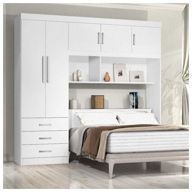 Guarda-Roupa Casal com Cabeceira Baú 5 Portas 3 Gavetas e Prateleiras Cancun Yescasa Branco