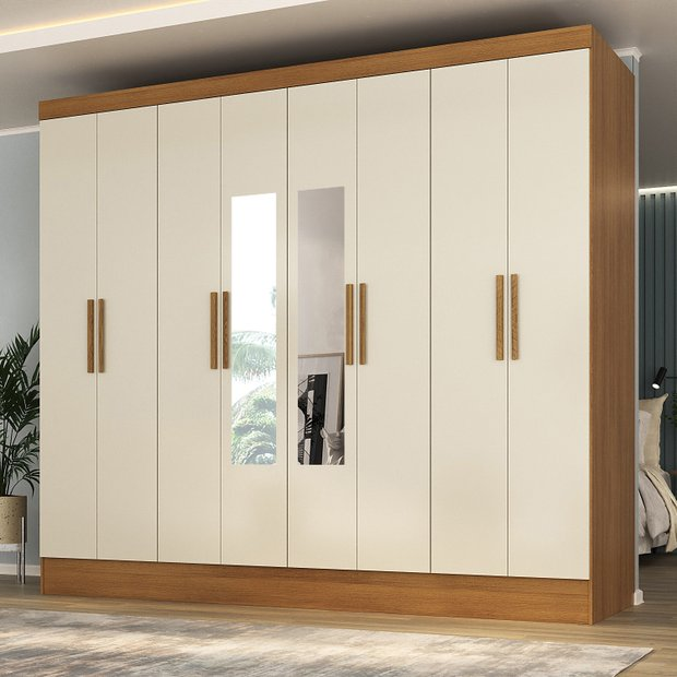 Guarda-roupa Casal 100% MDF com Espelho 8 Portas 4 Gavetas Jatobá Yescasa  Cinamomo/Off White