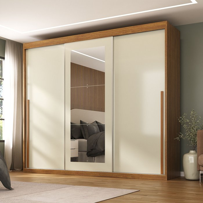 Guarda-roupa Casal 3 Portas de Correr e 6 Gavetas Spazio Cinamomo/Off White