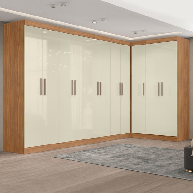 Guarda-roupa Modulado de Canto 11 Portas e 4 Gavetas Paris Cinamomo/Off White