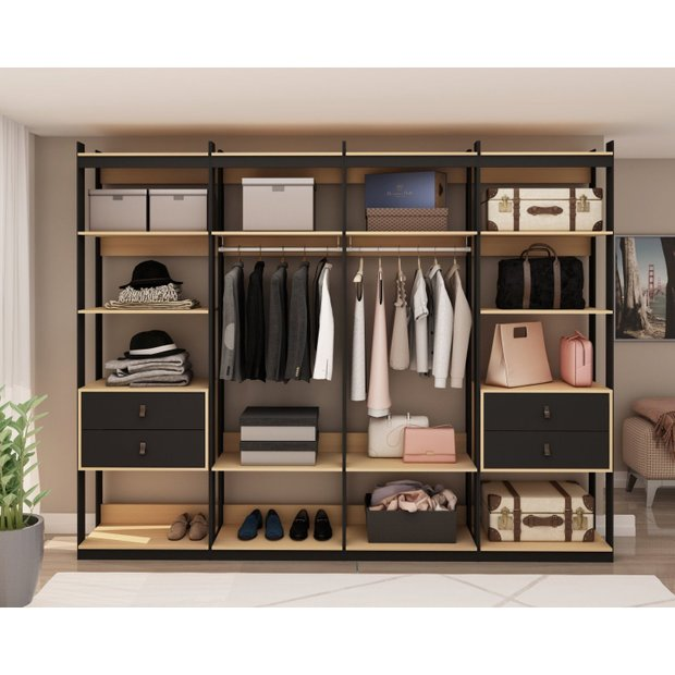 Guarda Roupa Closet 4 Modulos, 4 Gavetas, 2 Cabideiros Estilo Industrial Freijó/Preto