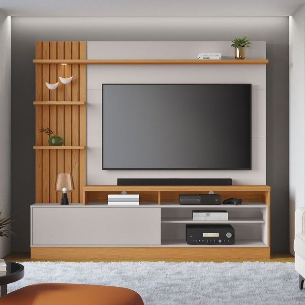 Estante para TV e Home Theater Ripado para TV até 65 Polegadas com LED 200cmx185,3cm Led Tvs 1 Porta 4 Nichos Freijó Off White Águas Brasileiras Freijó/Off White