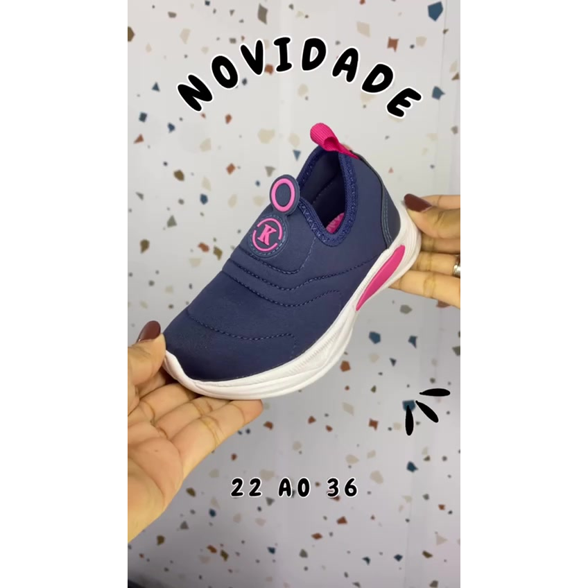 Kidstep Tenis Escolar Infantil Calce Fácil K Feminino Bordado Marinho com Pink