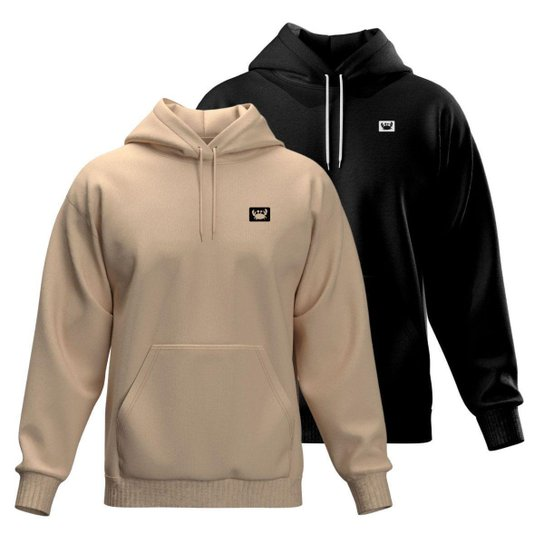 Kit 2 Blusa de Moletom Canguru com Capuz Confortável Estilo Casual Siri - Preto+Bege