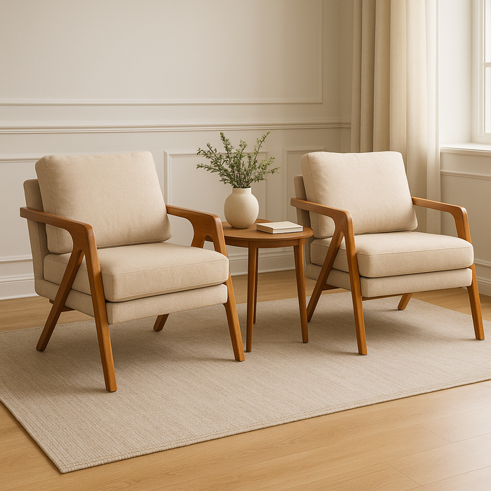 Kit 2 Poltronas Decorativa Mona Luxo Linho Bege Claro e Base Madeira Maciça Linho Bege