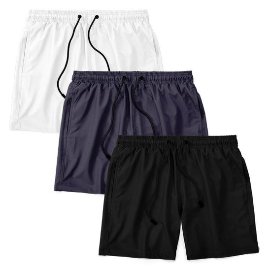 Kit 3 Short Masculino Bermuda Praia Verão Treino Esporte Mauricinho Tactel - Preto+Branco
