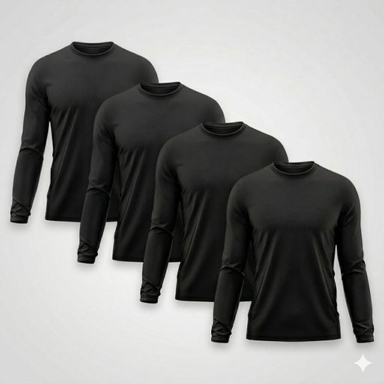 Kit 4 Camiseta Masculina Segunda Pele Proteção Solar UV Térmica Praia Manga Longa Blusa Camisa - Preto