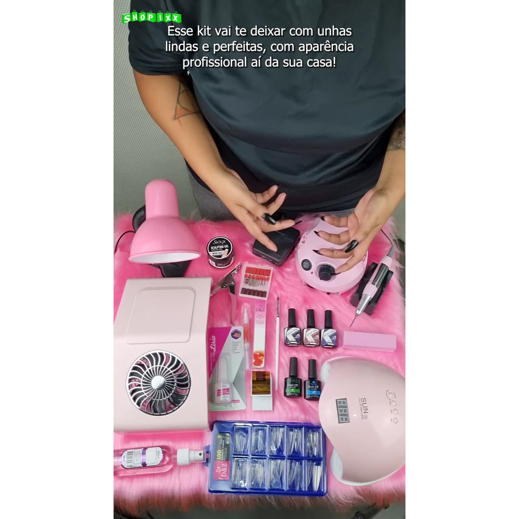 Kit Manicure Unha Gel Completo Cabine Sun 5 Luminária Lixadeira Elétrica Sugador Top Coat Primer Esmalte Unhas
