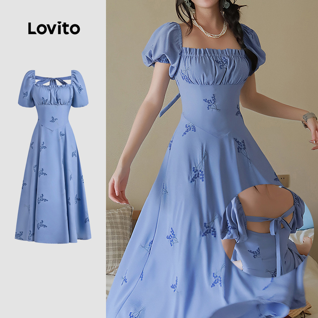 Lovito Vestido Boho com Babado  Amarração Nas Costas  Zíper  Primavera/verão  Vestido Azul para mulheres L142ED268