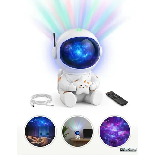 Luminária Astronauta Projetor Led Infantil Galáxia Estrela Branco Robo Robozinho Luz Colorida Céu Teto Abajur De Mesa Cupula Decorativa Para Quarto Rgb Noturna Bivolt Portatil Lua - Marca Hardline