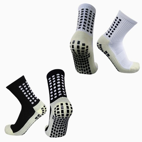 Meia Esportiva  Antiderrapante Futebol Pro Socks Tipo Trusox Profissional de Compressão 2 Pares - Branco+Preto