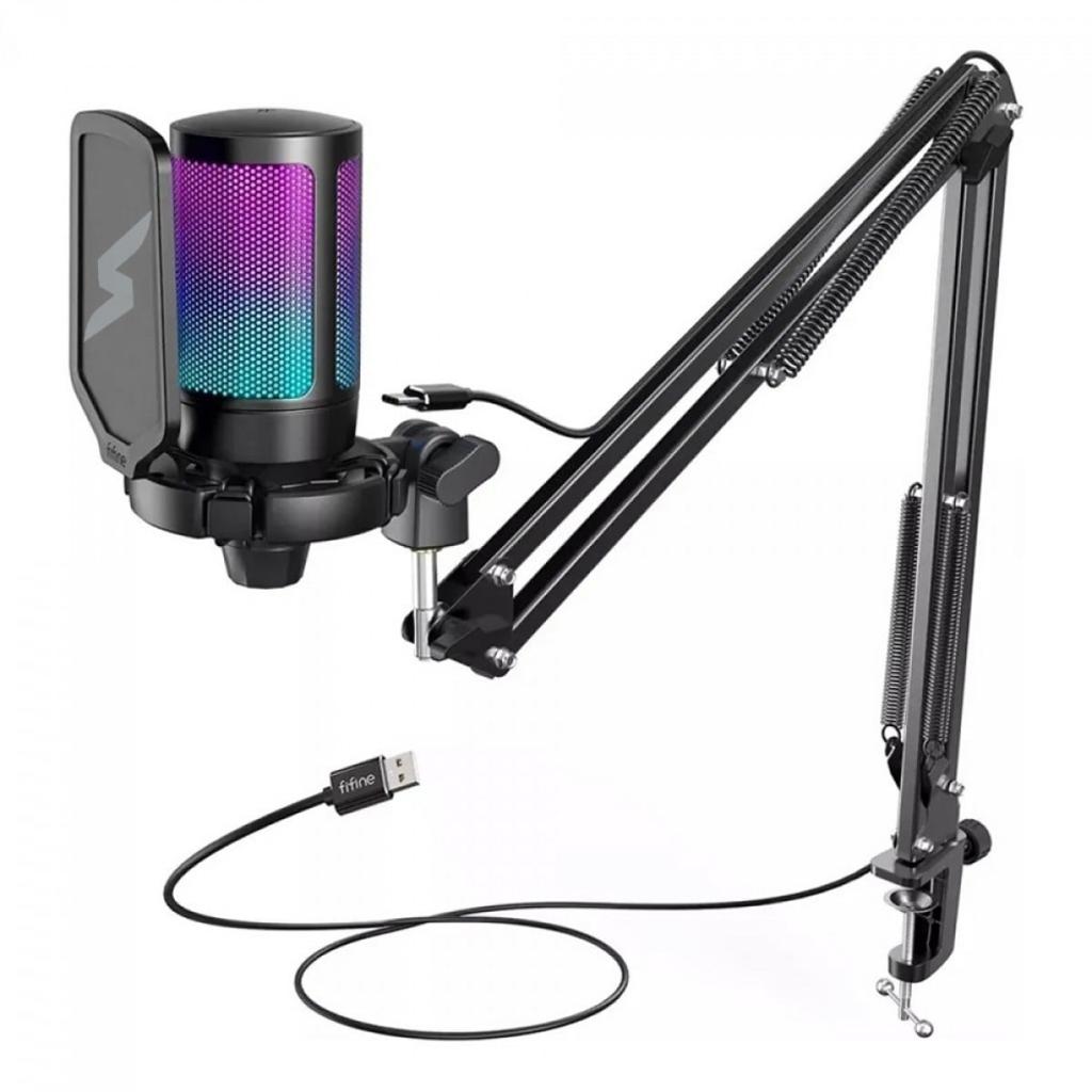 Microfone Gamer Fifine SuperFrame Edition SFM1, RGB, USB, Black, Com Braço Articulado