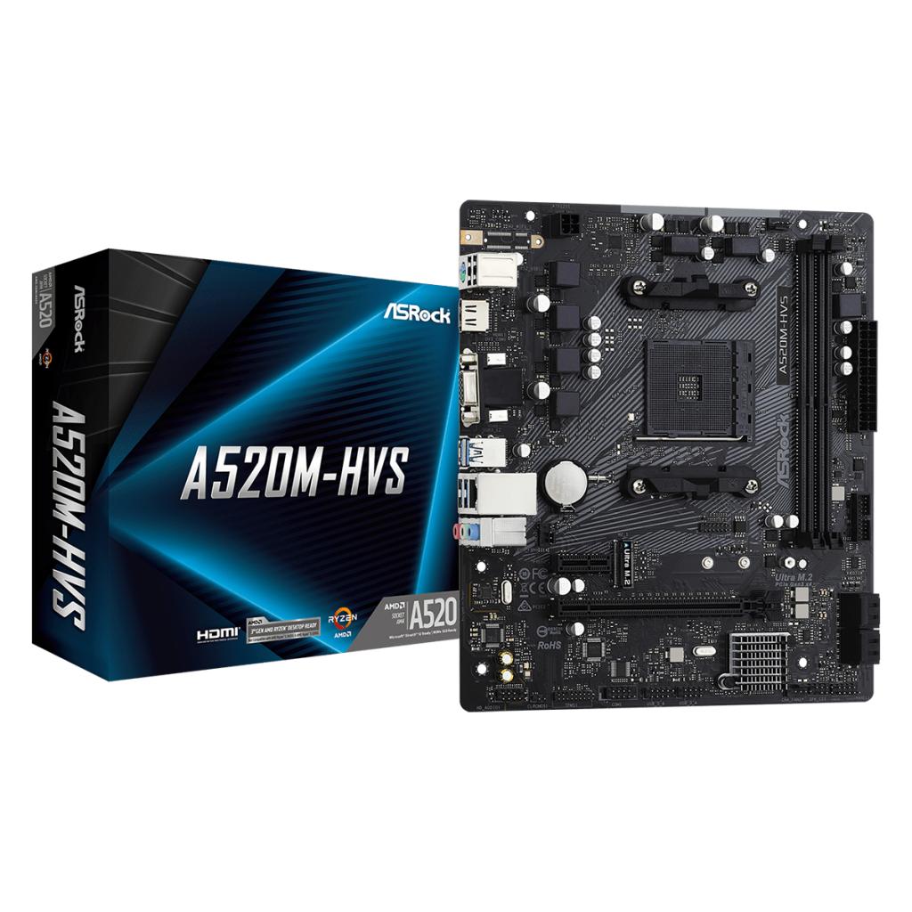 Placa Mãe ASRock A520M-HVS, A520, AMD AM4, mATX, DDR4, 90-MXBE60-A0UAYZ
