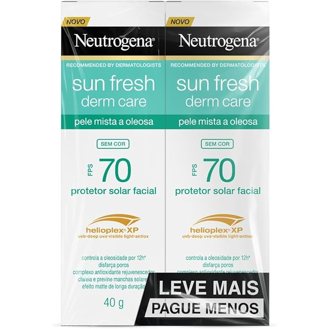 Protetor Solar Facial Para Pele Oleosa Derm Care, FPS 70, Sem Cor, Kit com 2 Unidades de 40g