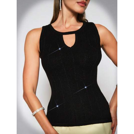 SHE(IN) BRASIL Blusa sem manga de tricô com gota no decote e brilho lurex feminino