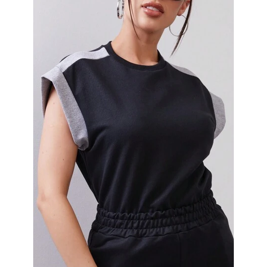 SHE(IN) BRASIL SHEIN CONJUNTO DE MALHA REGATA GOLA ALTA E SHORTS DUAS PEÇAS PRETO E MESCLA BASICO FEMININO