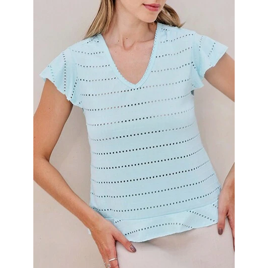 SHEIN Blusa Manga Curta Com Babado Decote V Tecido Com Textura Laise Feminina