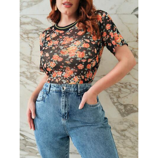 SHEIN Blusa Tule Estampada Feminina Plus Size