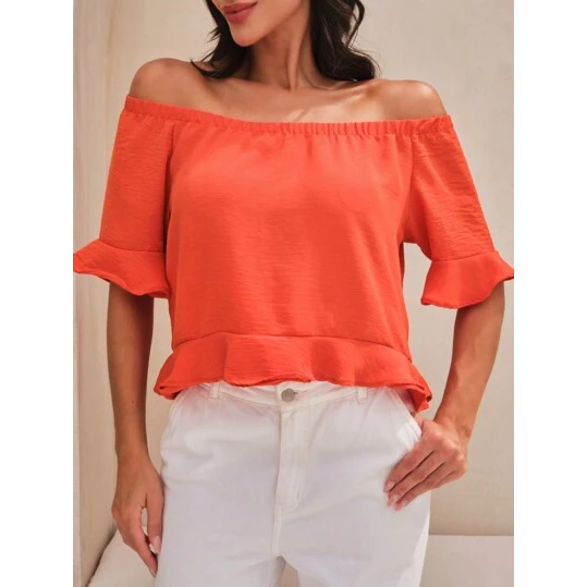 SHEIN  Blusa ciganinha decote ombro a ombro detalhe babado no barrado feminina