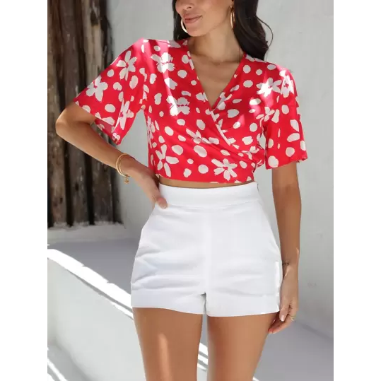 SHEIN Blusa manga curta  decote transpassado e estampa floral feminina