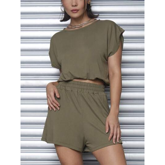 SHEIN CONJUNTO SHORTS E TOP CROPPED COM MANGA CURTA ELASTICO NO CÓS VERDE FEMININO