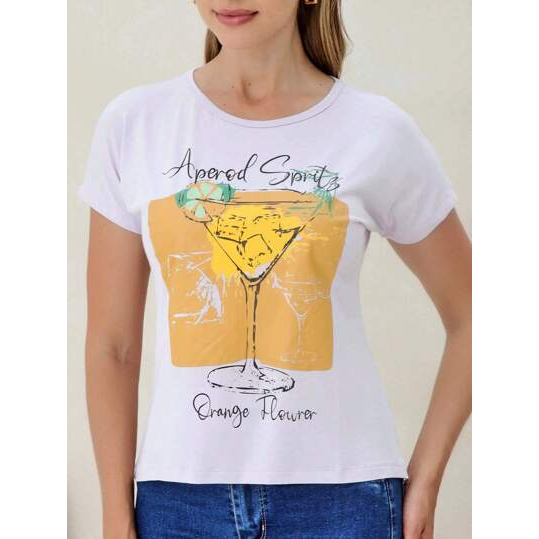SHEIN Camiseta T-Shirt Estampa localizada Drinks manga curta Feminina