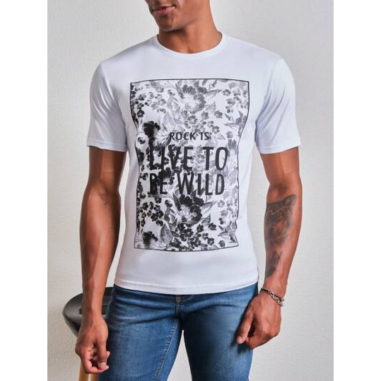 SHEIN Camiseta manga curta Casual Be Wild Confort Masculino Algodão Branco