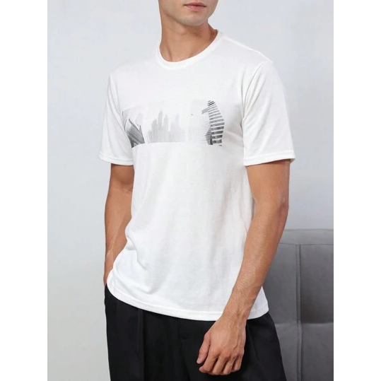 SHEIN Camiseta manga curta Casual Buildings Confort Masculino Algodão Branco