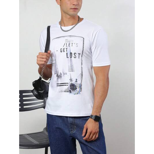 SHEIN Camiseta manga curta Casual Get Lost Confort Masculino Algodão Branco
