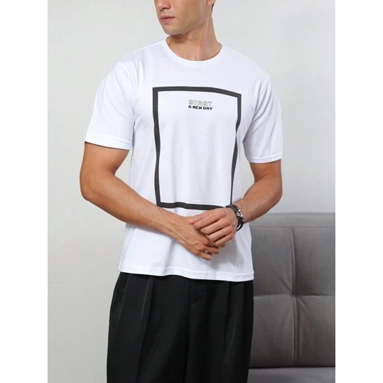 SHEIN Camiseta manga curta Casual Listras Confort Masculino Algodão Branco