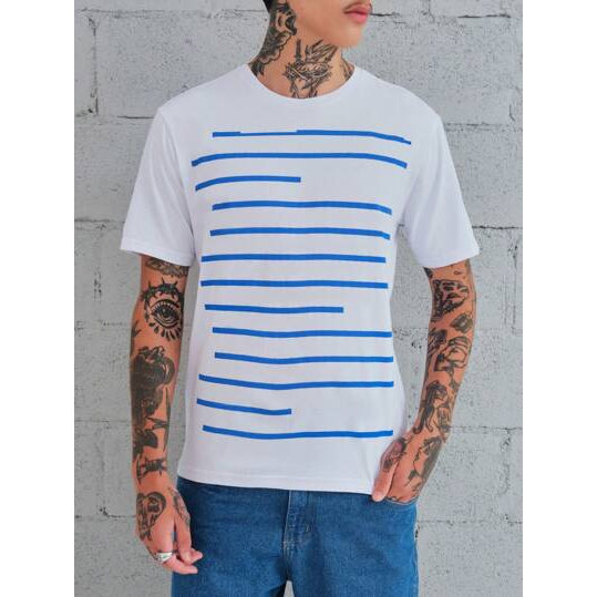 SHEIN Camiseta manga curta Casual Listras Confort Masculino Algodão Branco
