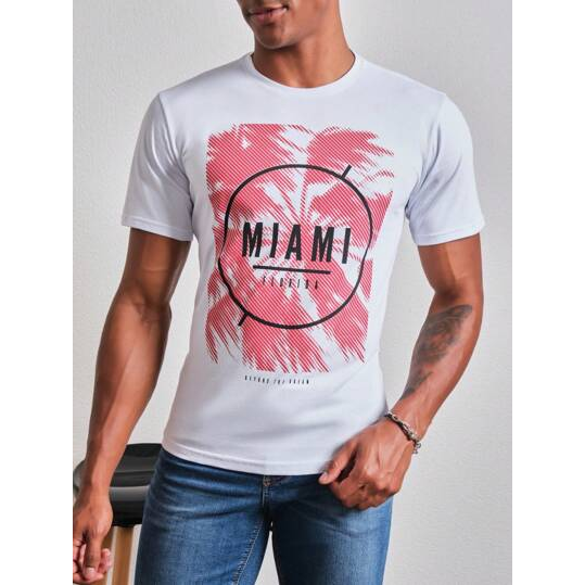 SHEIN Camiseta manga curta Casual Miami Confort Masculino Algodão Branco